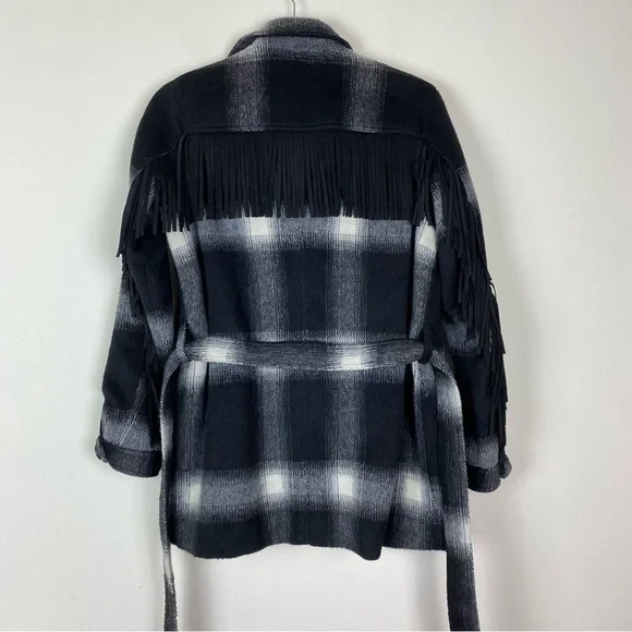 New Mother Fringe Plaid Flannel Coat Shirt Jacket Shacket Western Boho XS